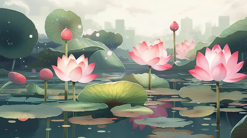 夏季湖泊岸边盛开的睡莲,插画/手绘图,插画/手绘图库,插画/手绘图下载,插画/手绘